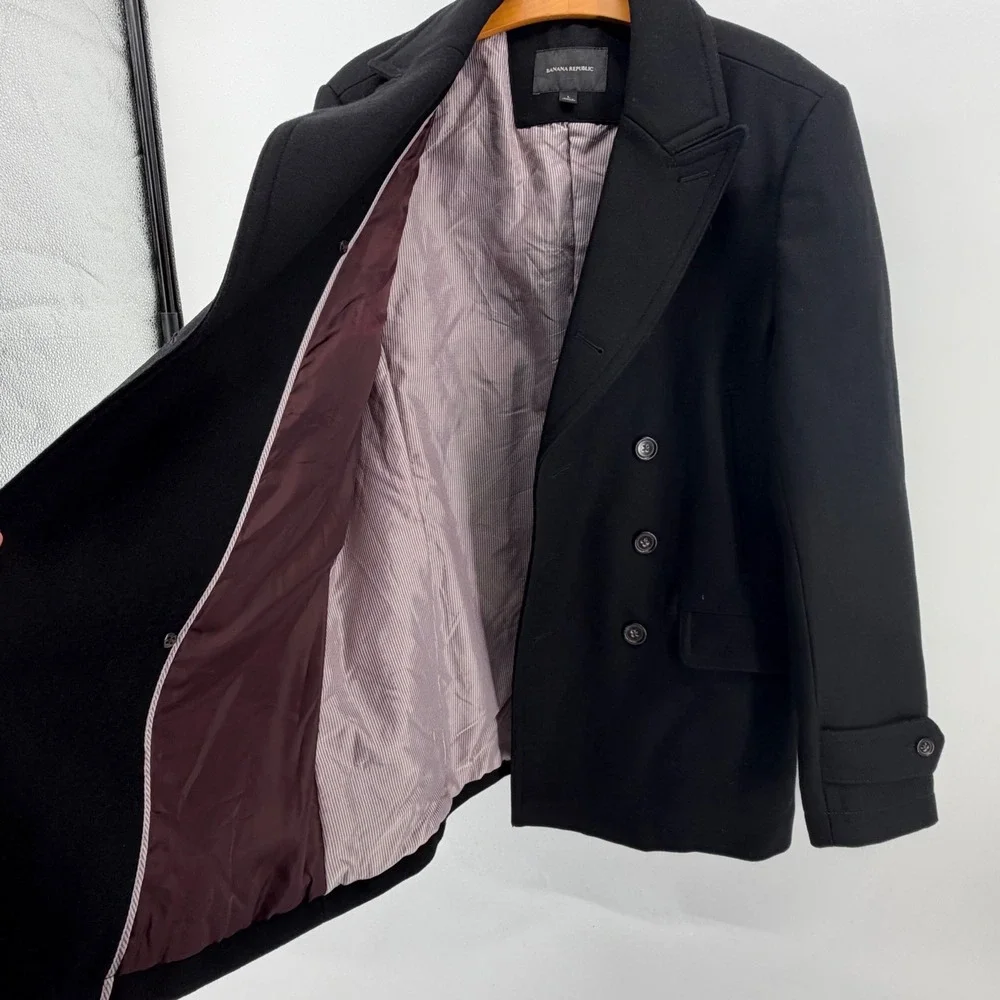 Banana Republic Wool Blend Pea Coat Mens Black Double Breasted Jacket L